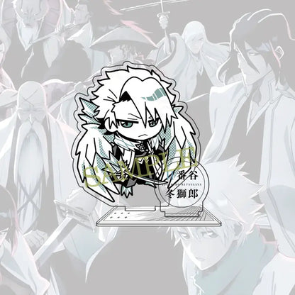 White and black chibi-style byakuya kuchiki acrylic standee with spiky white hair and detailed outfit 10cm figure