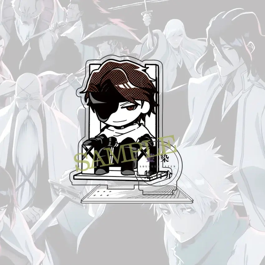 Black and brown chibi ichigo acrylic standee with single eyepatch seated in ornate chair detailed shading 10cm figure