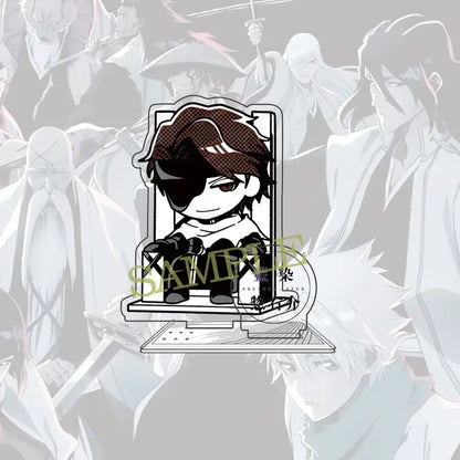 Black and brown chibi ichigo acrylic standee with single eyepatch seated in ornate chair detailed shading 10cm figure