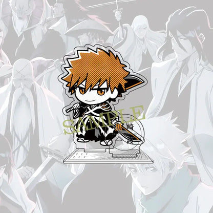 Bleach ichigo chibi figurine with orange hair in black and white attire holding sword on acrylic standee 10cm figure