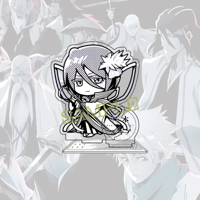 Black and white chibi acrylic standee of bleach ichigo with cat ears flower and traditional attire 10cm figure