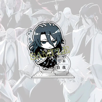 Chibi-style kuchiki byakuya acrylic standee with dark blue hair and black kimono for bleach ichigo 10cm figure