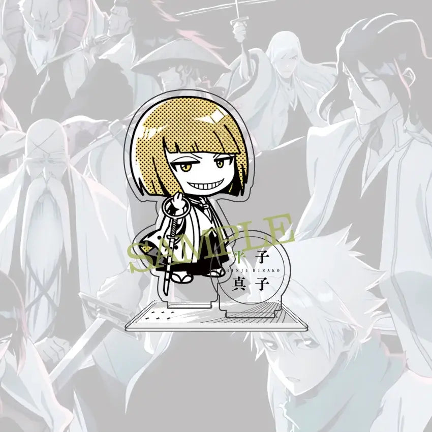 Chibi-style bleach ichigo acrylic standee 10cm figure with green eyes blonde hair black and white outfit holding sword hilt