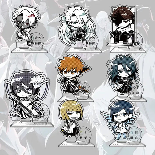 Set of seven black and white bleach ichigo acrylic standee figures in chibi style with japanese text labels below