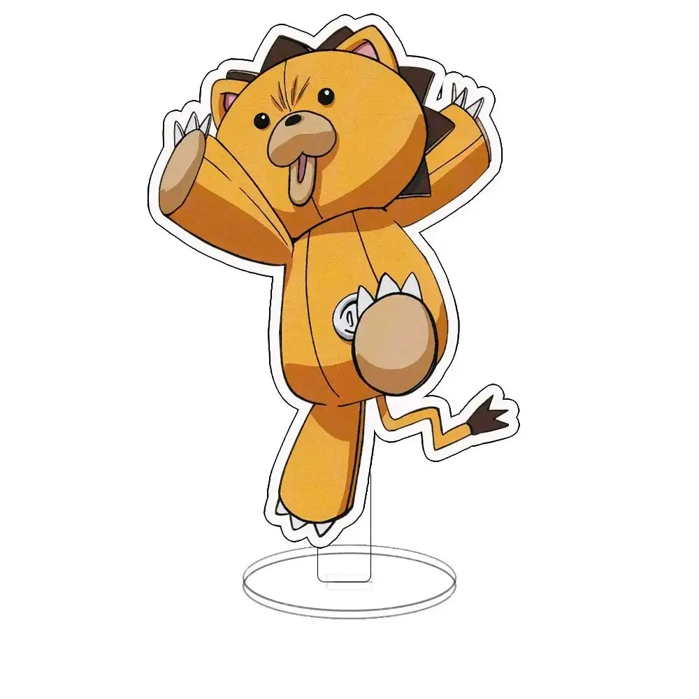 Orange cartoon bear bleach ichigo acrylic standee with black spiky hair white claws on a clear circular base