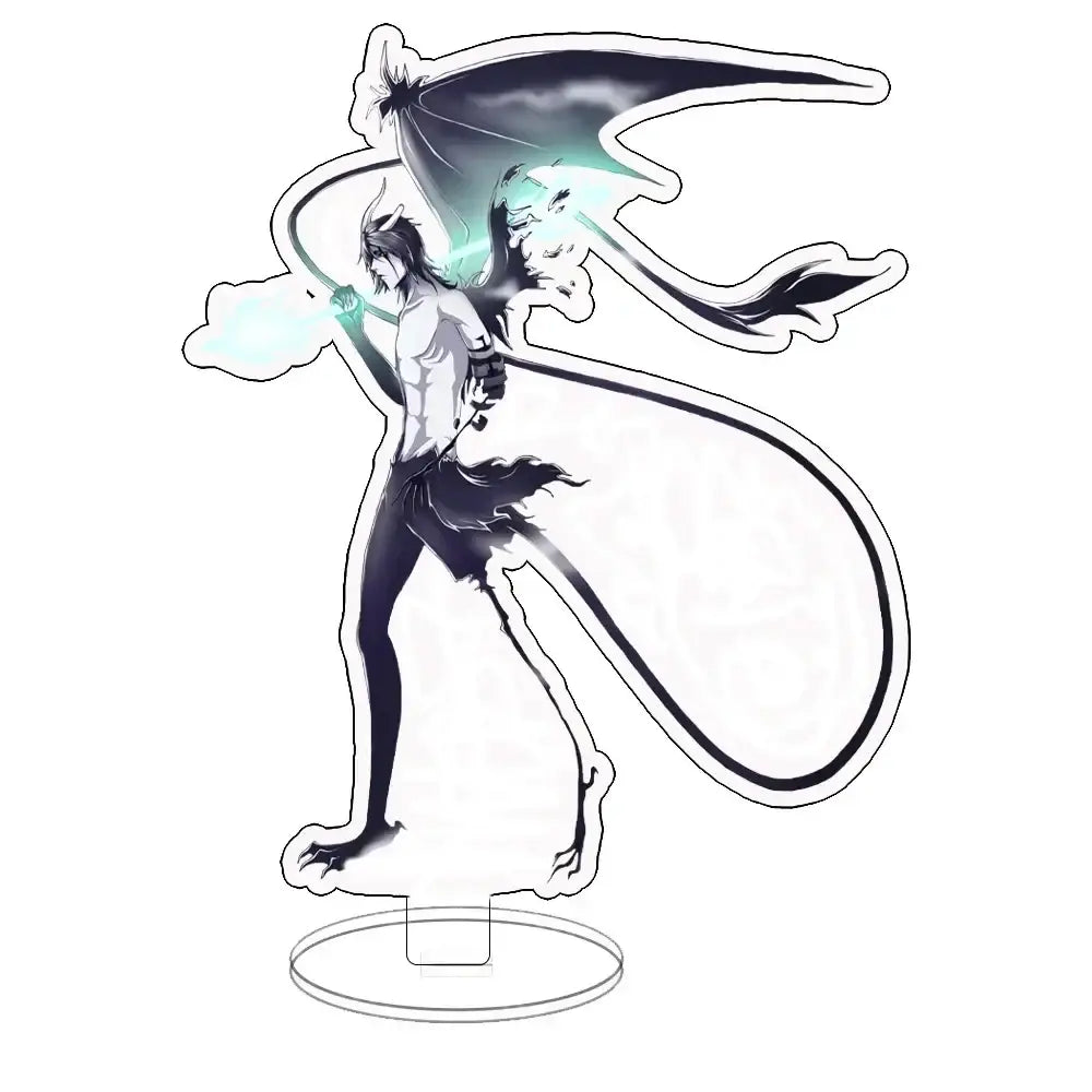 Clear acrylic ichigo acrylic standee featuring black hair character with glowing teal wings and tail in dark outfit
