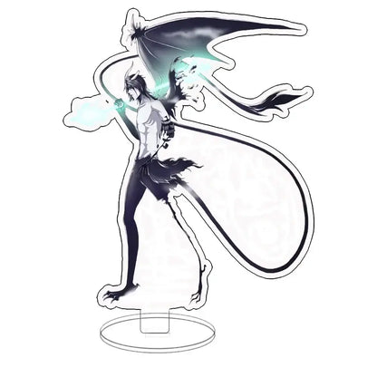 Clear acrylic ichigo acrylic standee featuring black hair character with glowing teal wings and tail in dark outfit