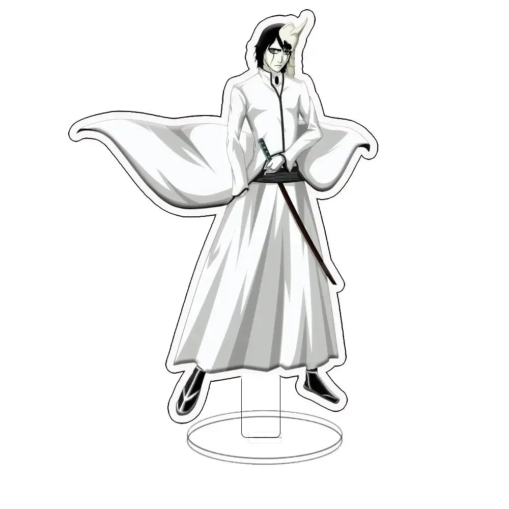 White ichigo acrylic standee in hollow form wearing flowing robe with black accents and holding sword for desk display