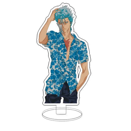 Blue and white floral patterned ichigo acrylic standee featuring spiky blue hair double-sided acrylic standee for desk display