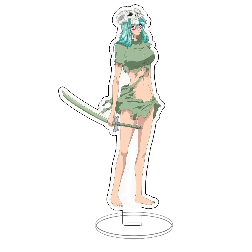 Bleach ichigo acrylic standee featuring a teal-haired character in a green tattered outfit holding a sword double-sided desk figure