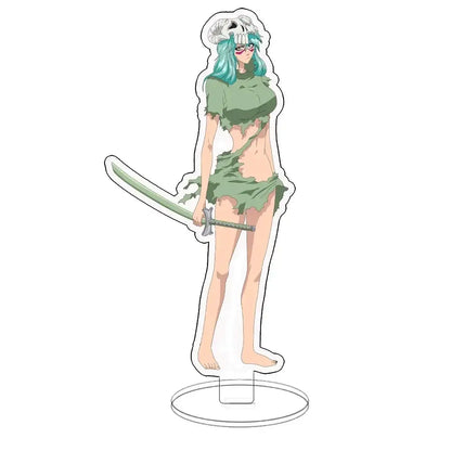 Bleach ichigo acrylic standee featuring a teal-haired character in a green tattered outfit holding a sword double-sided desk figure