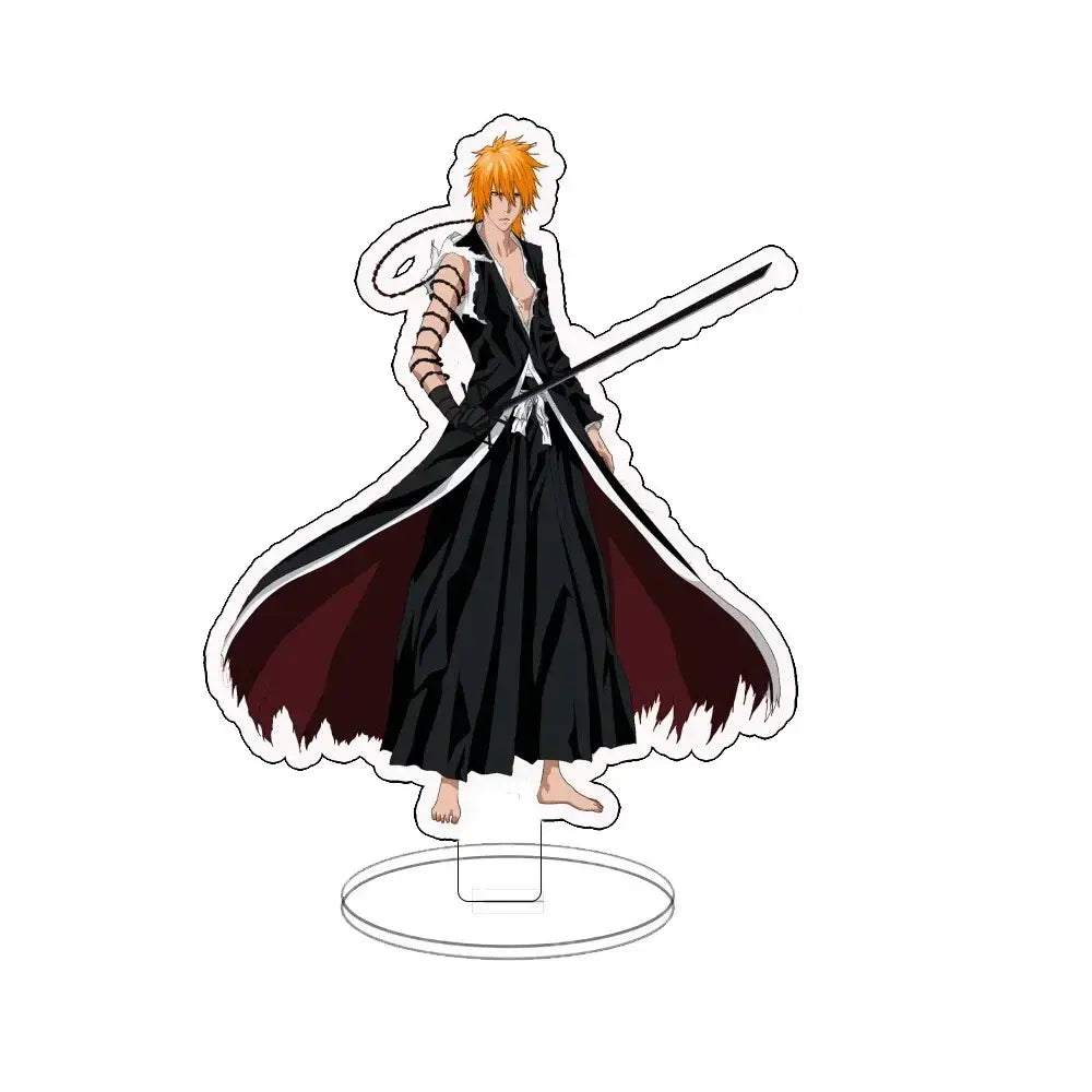 Orange-haired anime character ichigo acrylic standee in black and maroon coat on acrylic base double-sided desk figure