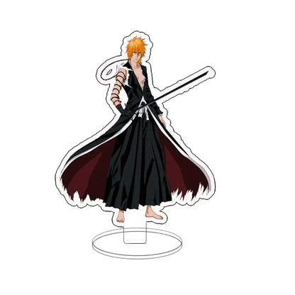 Orange-haired anime character ichigo acrylic standee in black and maroon coat on acrylic base double-sided desk figure