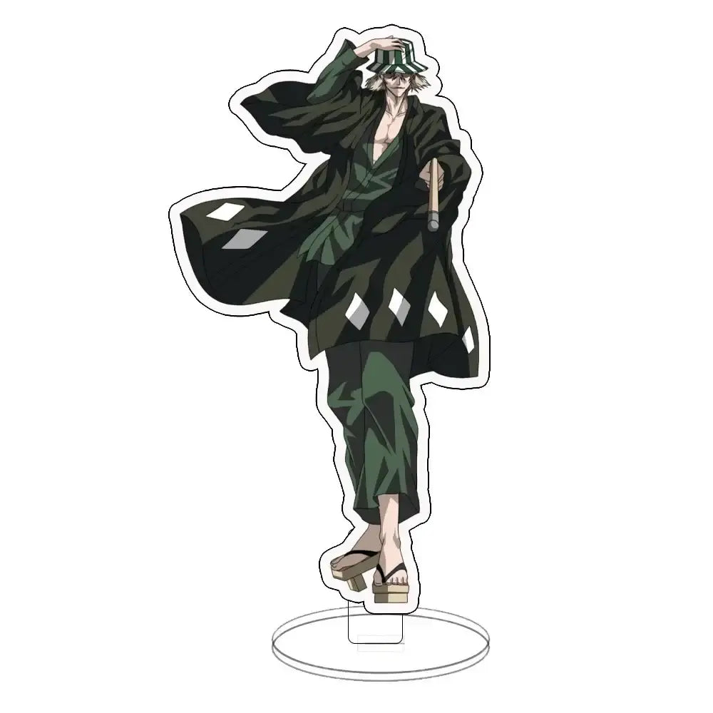 Bleach ichigo acrylic standee with black and green diamond pattern and matching hat on clear circular base