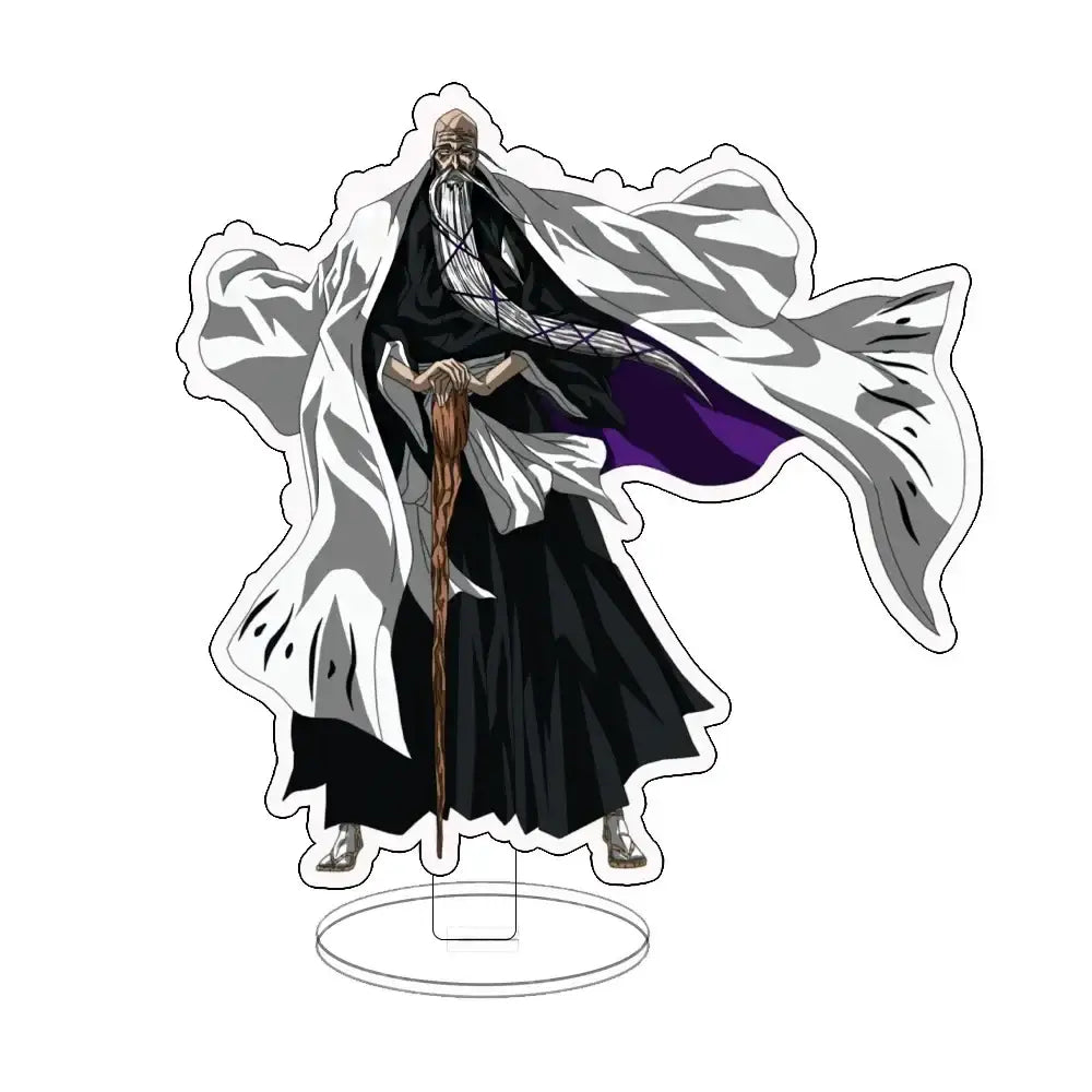 Bleach ichigo acrylic standee featuring a translucent double-sided desk figure of ichigo in white black and purple robe holding staff
