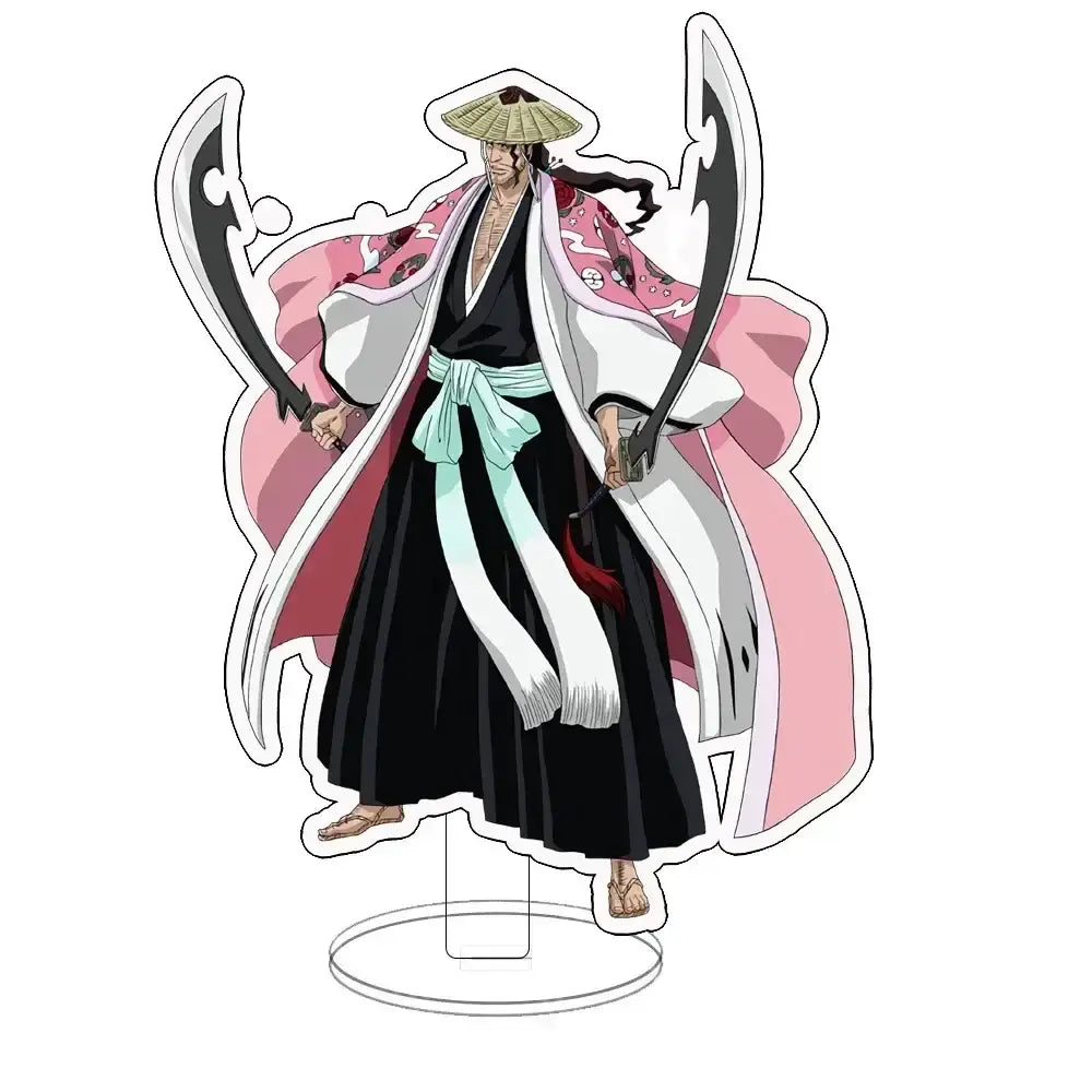 Bleach ichigo acrylic standee featuring a pink and black character with a straw hat holding two curved swords