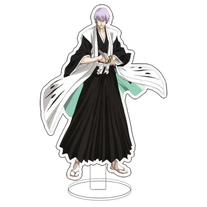 Bleach ichigo acrylic standee featuring a purple-haired anime character in a black white robe with green accents on acrylic base