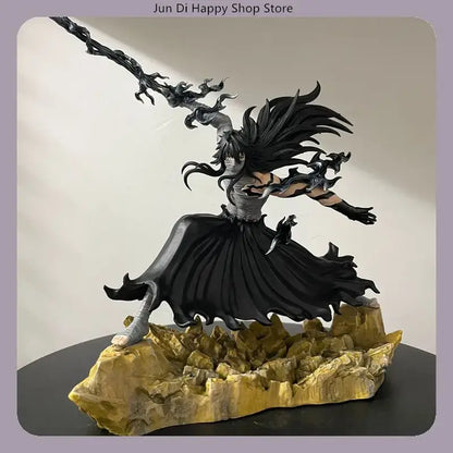 Black and silver final getsuga tensho ichigo pvc statue with long hair wielding ornate sword on rocky golden base