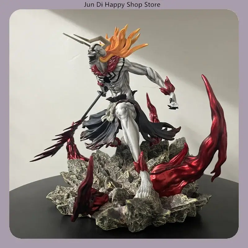 Detailed resin pvc statue of ichigo final getsuga tensho with fiery hair red wings and sword on rocky base 23cm
