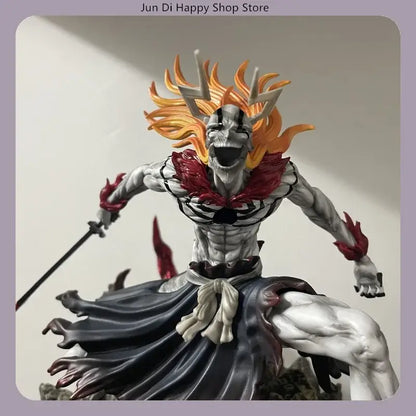 Detailed white and red final getsuga tensho pvc statue of muscular ichigo with fiery hair and dark robe, 23cm tall