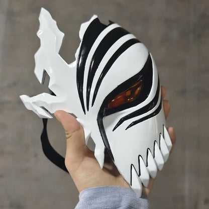 Bleach ichigo hollow mask half-face cosplay mask with white and black stripes glowing orange eye and sharp teeth