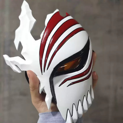 White and red striped ichigo hollow mask with black accents featuring an angular soul reaper design for cosplay use