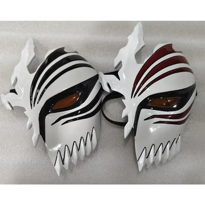 Two white glossy plastic ichigo hollow masks with black and red stripes for bleach cosplay half-face use
