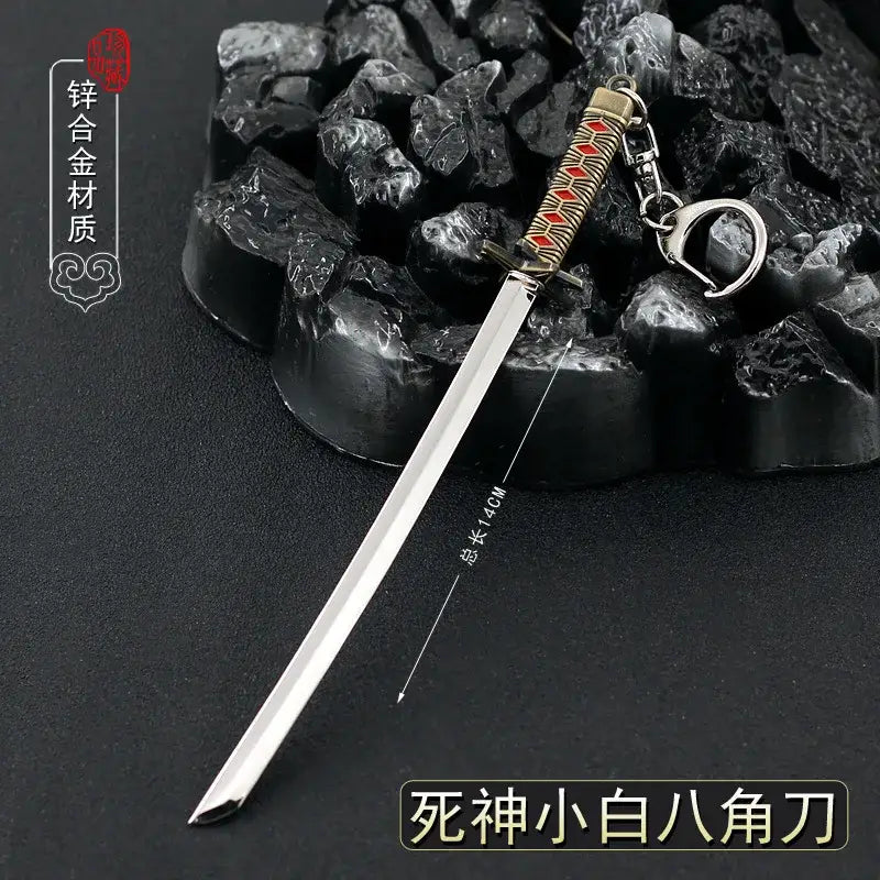 Bleach ichigo hollow mask keychain metal with sleek silver sword and detailed hilt featuring red and gold accents