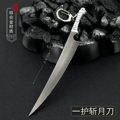 Silver-toned zinc alloy keychain replica of naruto one-handed moon blade with white striped grip for ichigo hollow mask fans