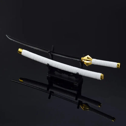 Bleach ichigo katana 10 inch iron samurai sword with black and white zinc alloy curved blade and gold accents
