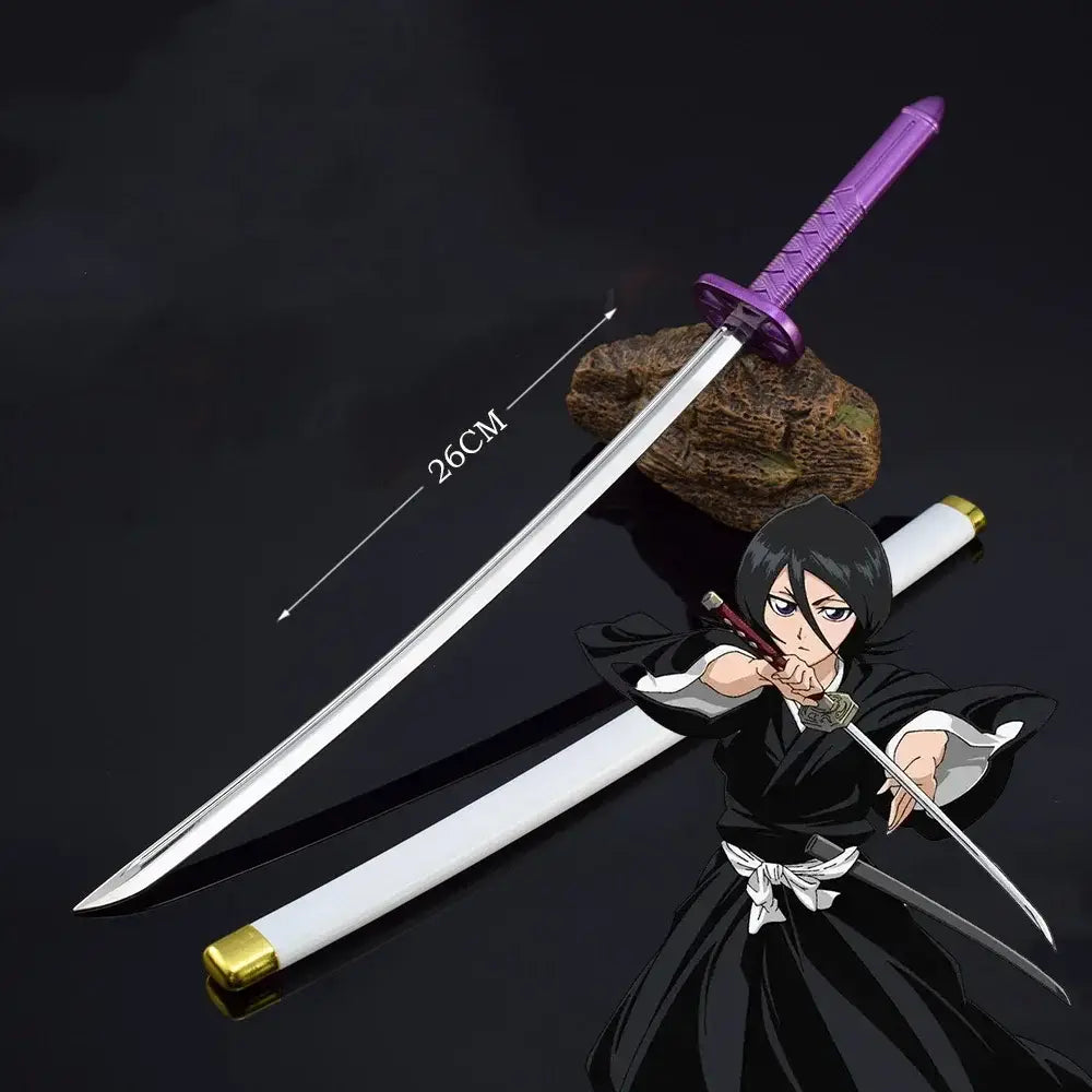 Purple-handled bleach ichigo katana sword with silver blade zinc alloy gold-accented scabbard and anime character illustration