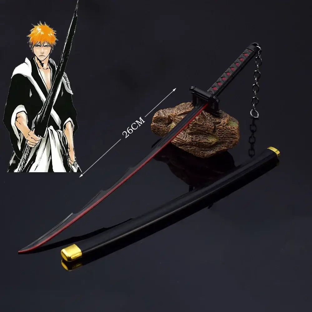 Bleach ichigo katana 10 inch iron samurai sword with black red zinc alloy blade and gold detailed hilt design