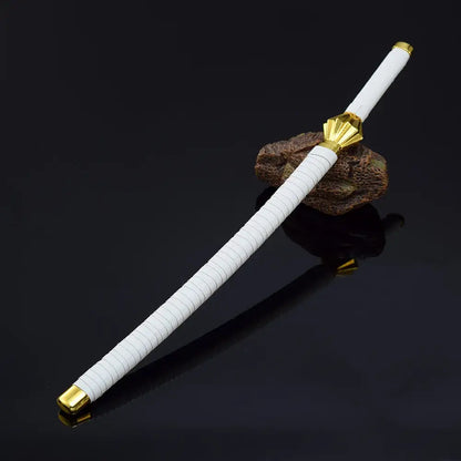 Bleach ichigo katana 10 inch iron samurai sword with white zinc alloy blade gold accents and textured grip on dark surface