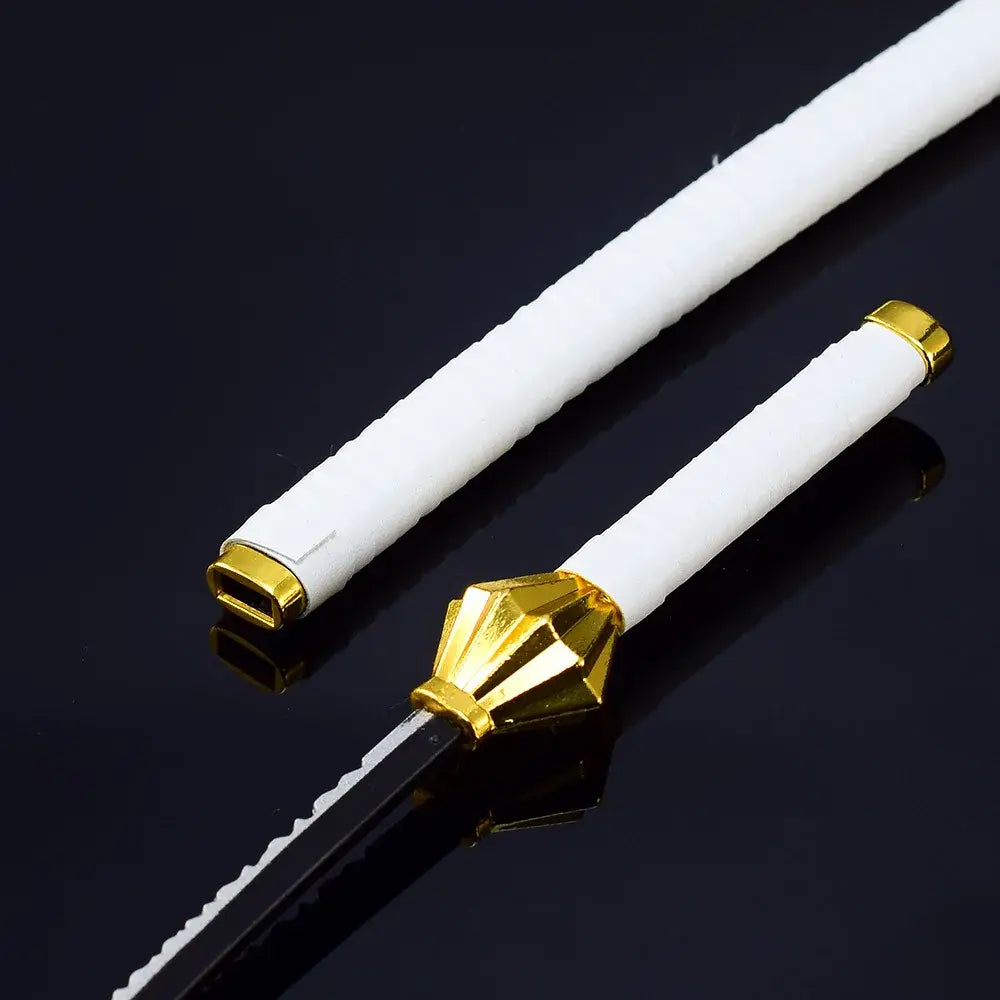 White and gold bleach ichigo katana replica sword with textured handle zinc alloy golden hilt cap and black blade