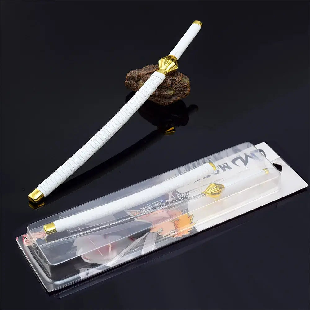 White sword model bleach ichigo katana with gold zinc alloy hilt and pommel and textured grip 10 inch iron samurai sword
