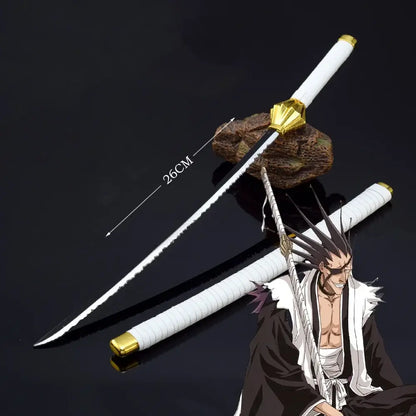 Bleach Ichigo Katana 10 inch iron samurai sword with white and gold zinc alloy serrated blade and decorative guard