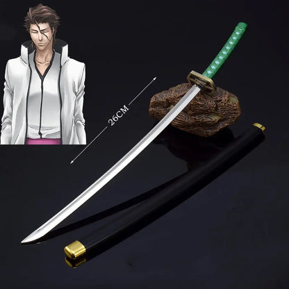 Bleach ichigo katana 25cm metal sword with shiny silver blade green patterned handle gold zinc alloy accents