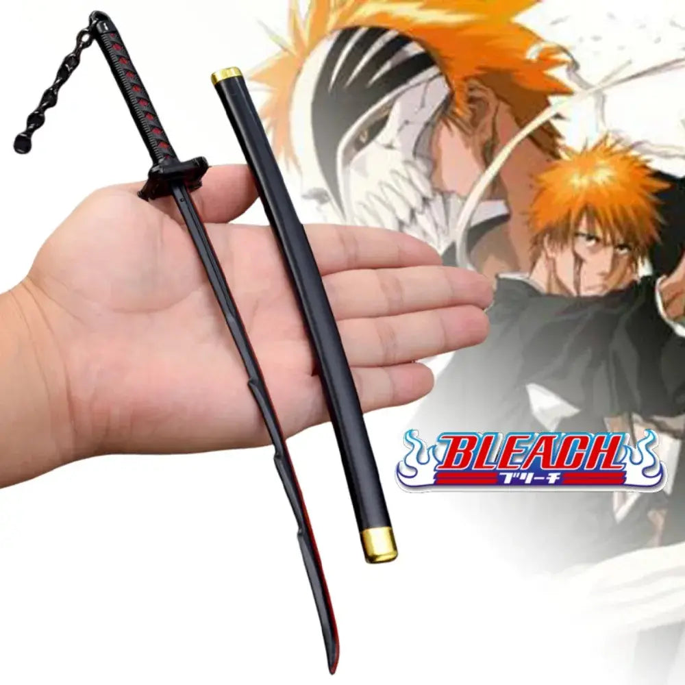 Bleach ichigo katana 25cm metal sword in black and gold zinc alloy with red accents and detailed hilt chain