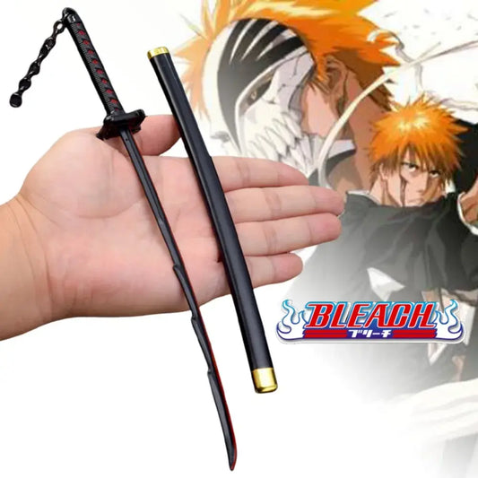 Bleach ichigo katana 25cm metal sword in black and gold zinc alloy with red accents and detailed hilt chain