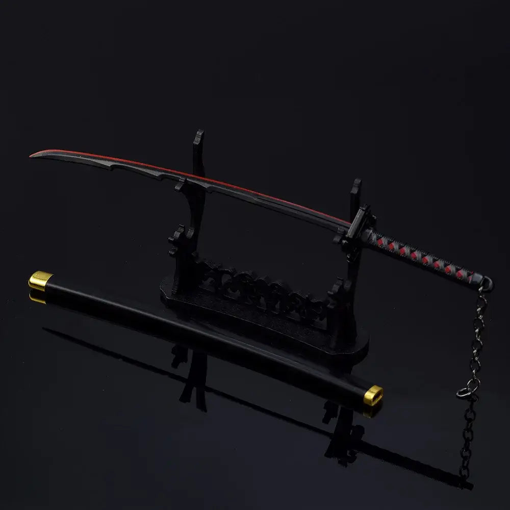 Bleach ichigo katana 25cm metal sword with black red zinc alloy blade and gold accents on black stand