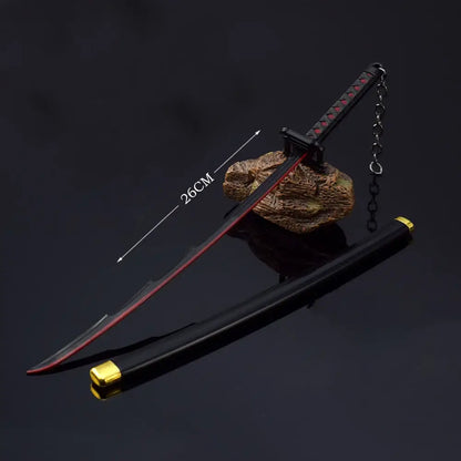 Black and red bleach ichigo katana 25cm metal sword with gold accents zinc alloy displayed on rock stand with sheath