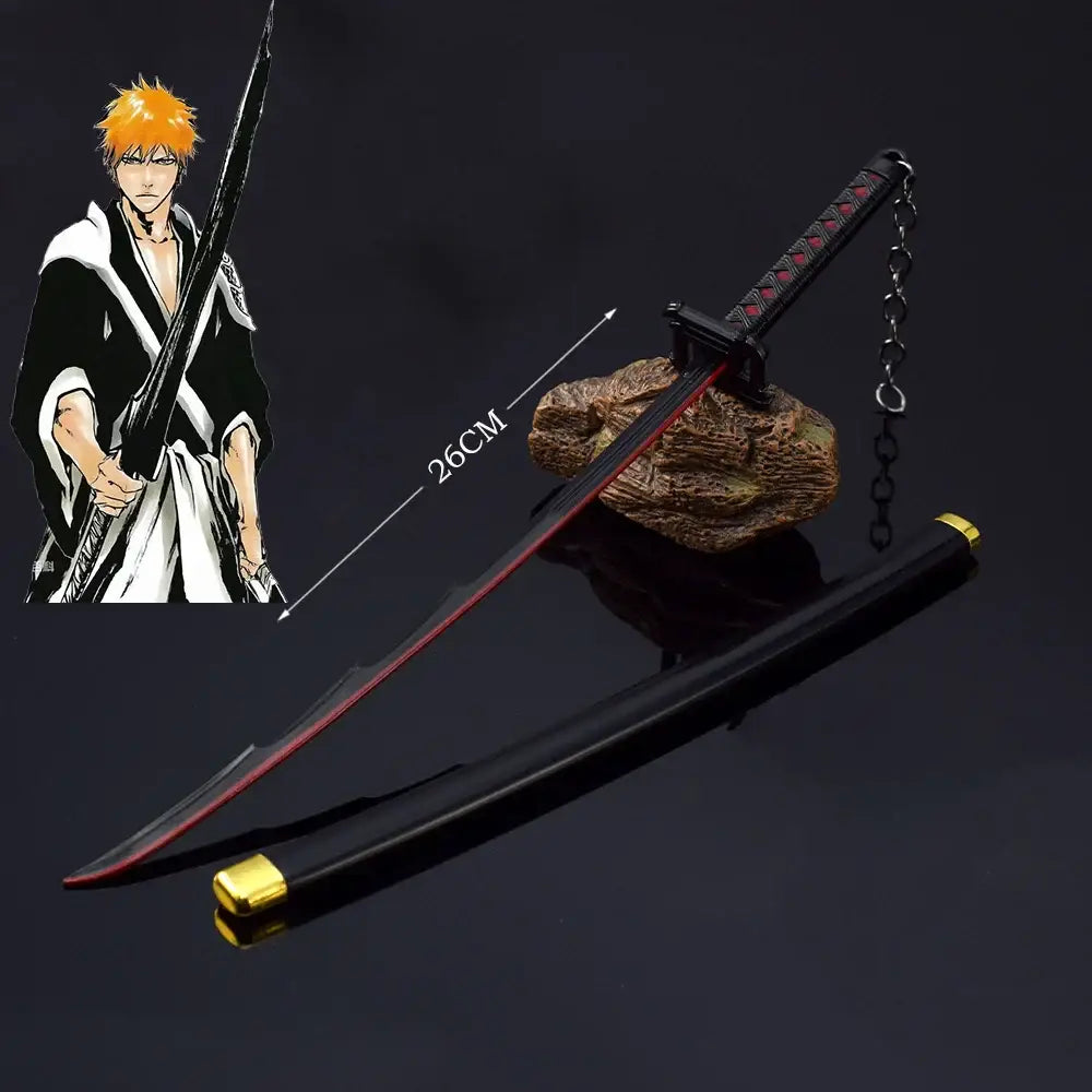 Bleach ichigo katana 25cm metal sword with black and red zinc alloy blade and detailed gold accent hilt design