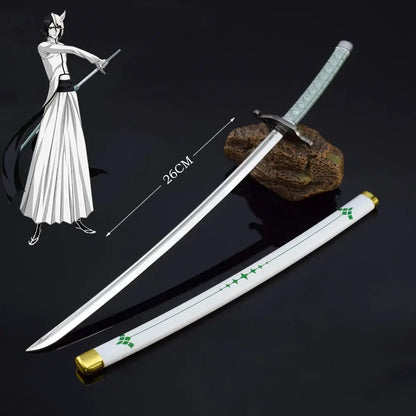 Bleach Ichigo katana 25cm metal sword with silver blade zinc alloy and white scabbard with green diamonds and gold ends