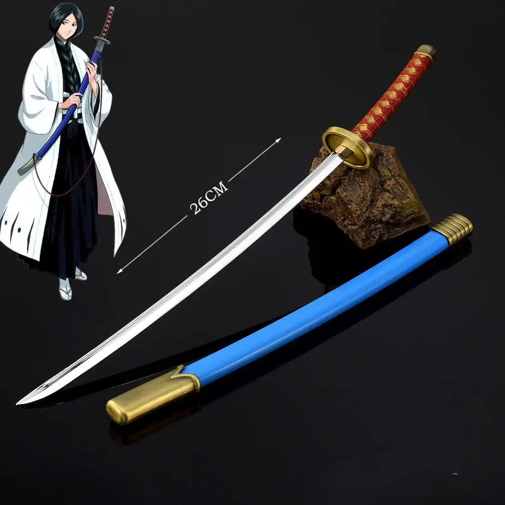 Bleach ichigo katana 25cm metal sword with shiny silver zinc alloy blade, red and gold handle, and blue scabbard with gold fittings