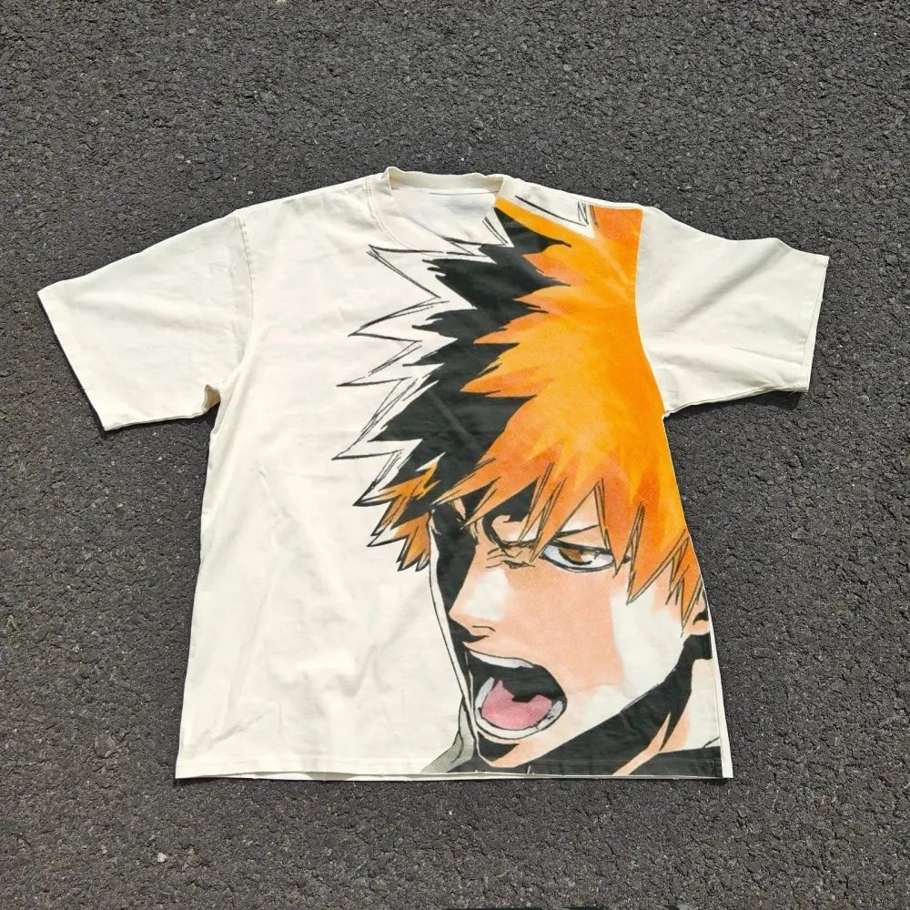 Off-white ichigo kurosaki casual t-shirt with bold full-color anime graphic and short sleeves unisex fit