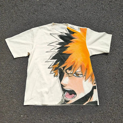 Off-white ichigo kurosaki casual t-shirt with bold full-color anime graphic and short sleeves unisex fit