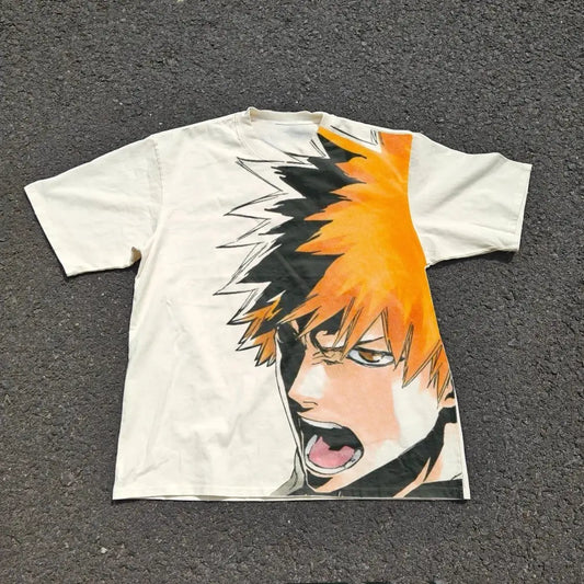 Off-white ichigo kurosaki casual t-shirt with bold full-color anime graphic and short sleeves unisex fit