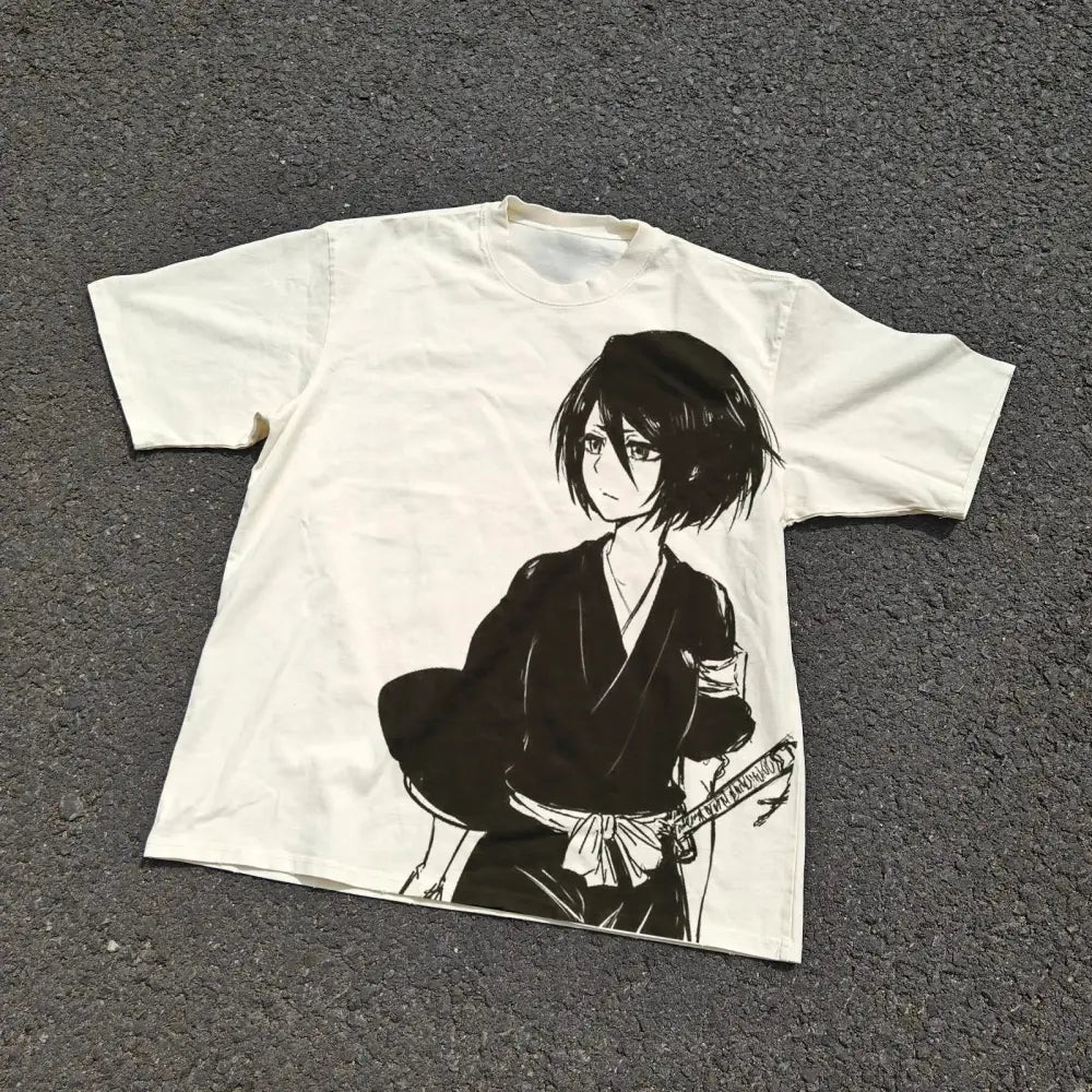 Off-white cotton bleach ichigo kurosaki casual t-shirt with black ink anime character in traditional japanese attire holding sword