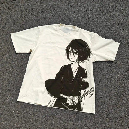 Off-white cotton bleach ichigo kurosaki casual t-shirt with black ink anime character in traditional japanese attire holding sword