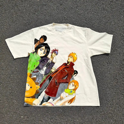White cotton bleach ichigo kurosaki casual t-shirt with vibrant full-color anime character print unisex fit